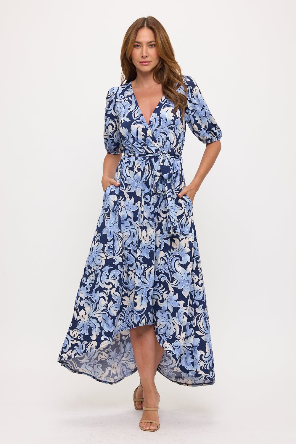 Image of West K Puff Sleeve High-Low Midi Dress Purple Floral