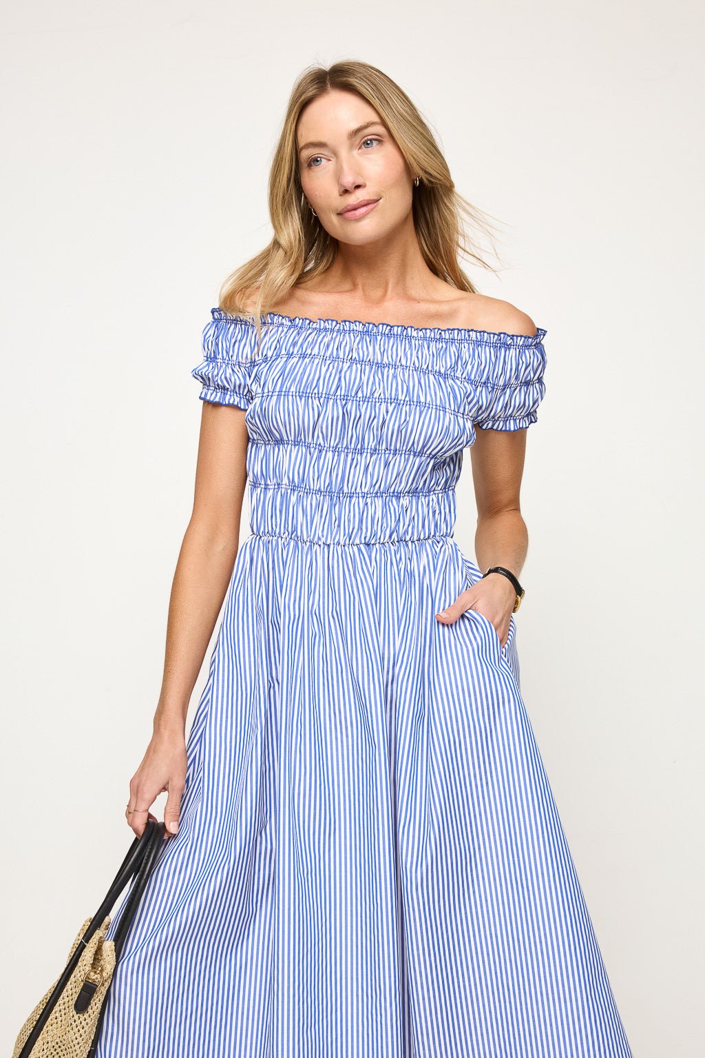 Image of West K Rachel Off - Shoulder Smocked Stripe Dress Blue Stripe