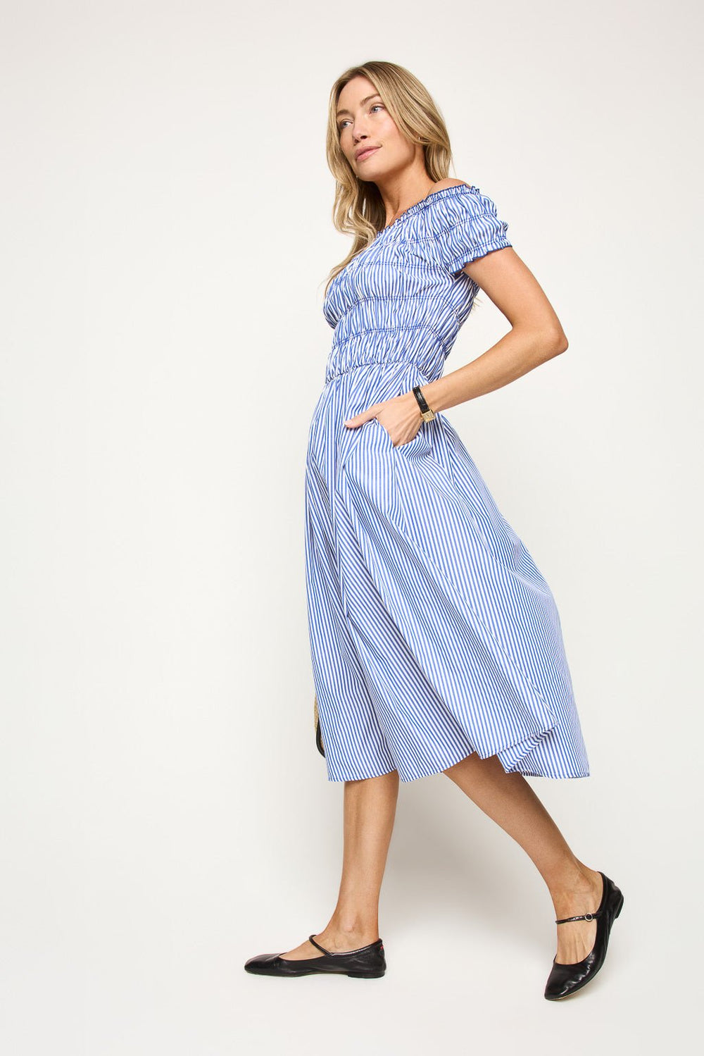 Image of West K Rachel Off - Shoulder Smocked Stripe Dress Blue Stripe