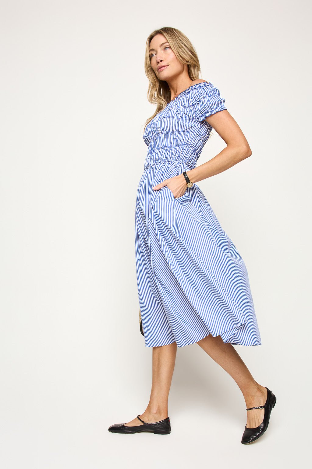 Image of West K Rachel Off - Shoulder Smocked Stripe Dress Blue Stripe