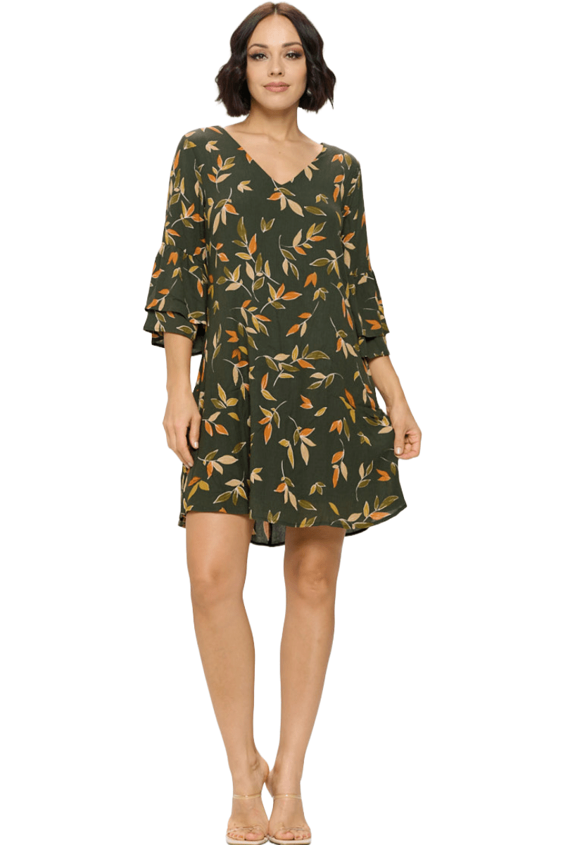 Image of West K Rebecca Tiered Bell Sleeve Dress Green Leaf Print