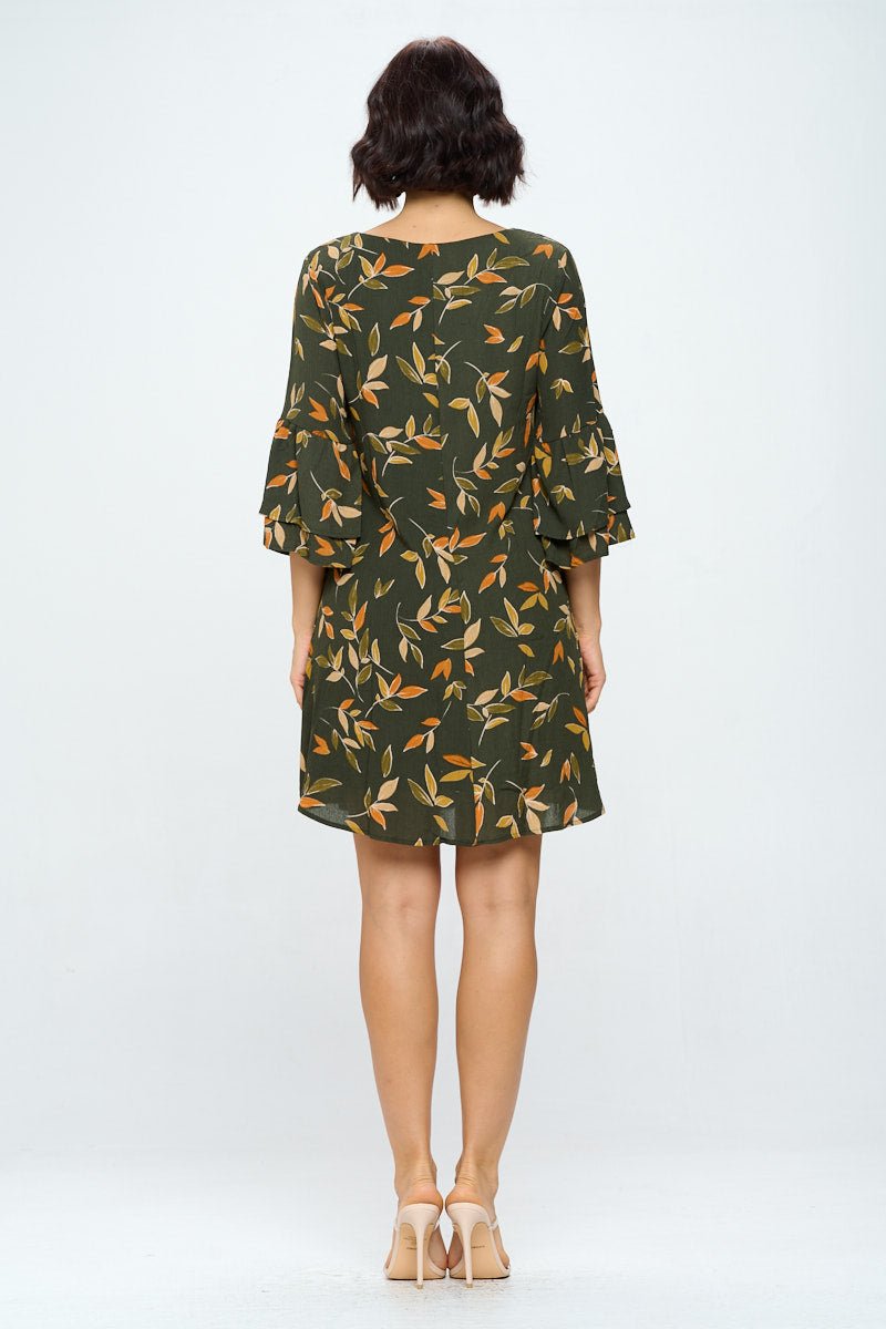 Image of West K Rebecca Tiered Bell Sleeve Dress Green Leaf Print