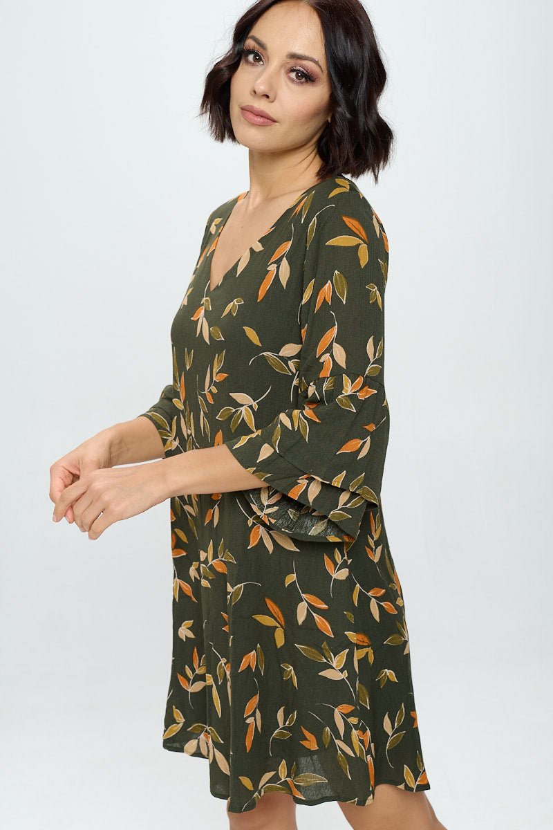 Image of West K Rebecca Tiered Bell Sleeve Dress Green Leaf Print