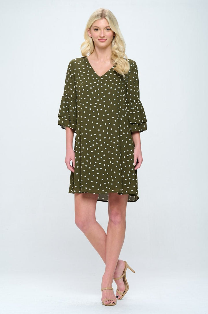 Image of West K Rebecca Tiered Bell Sleeve Dress Olive Green Dot