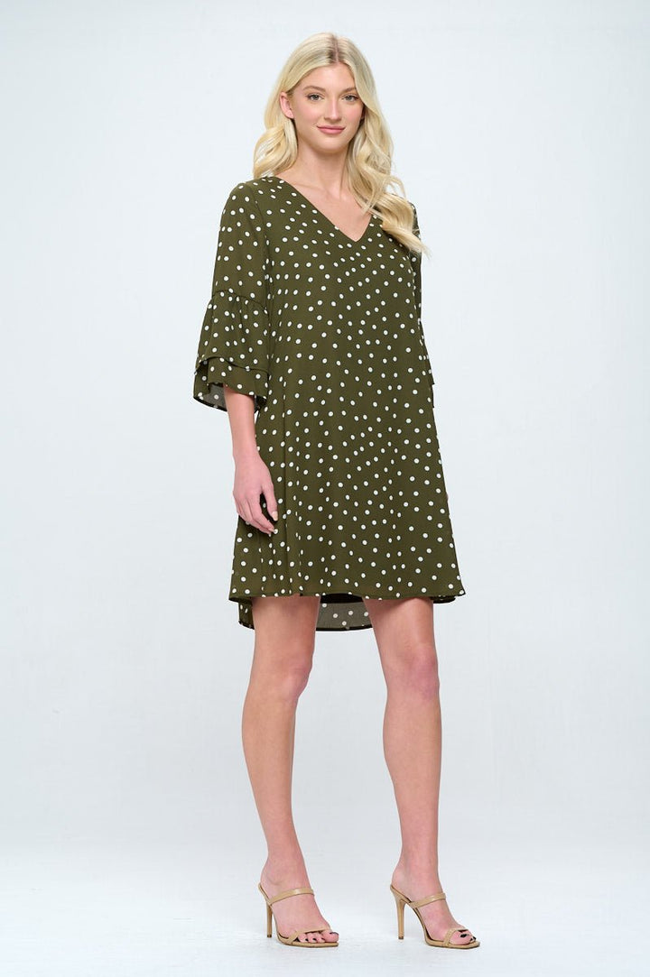 Image of West K Rebecca Tiered Bell Sleeve Dress Olive Green Dot