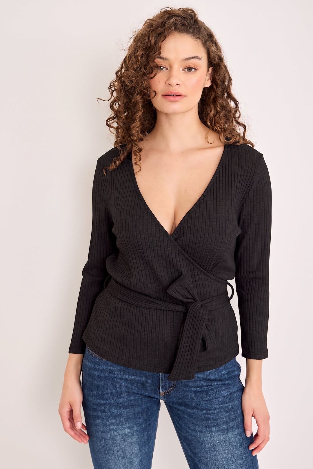 Image of West K Ribbed Knit Tie Waist Wrap Top Black
