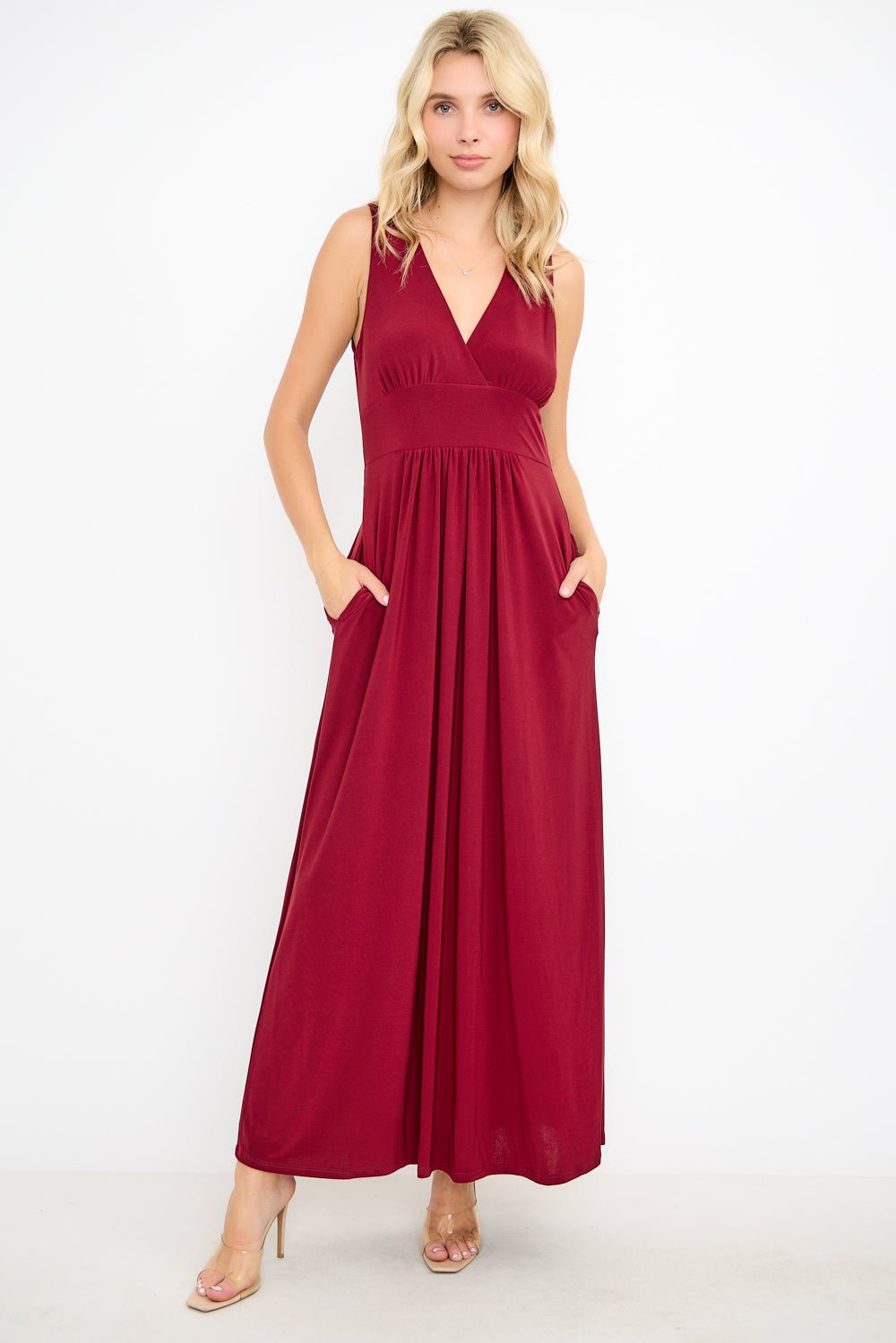 Image of West K Rita Sleeveless V neckline Midi Dress Wine