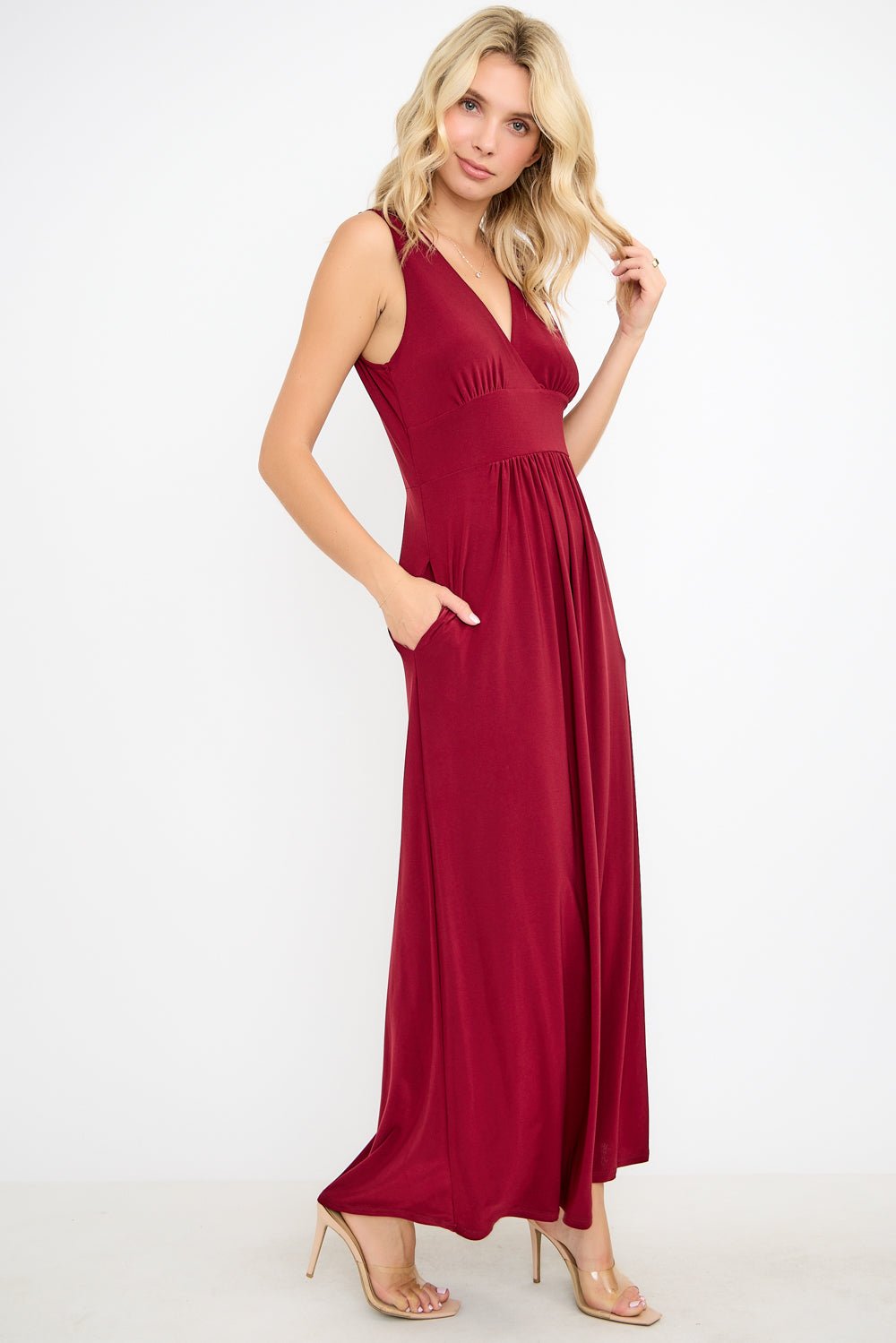 Image of West K Rita Sleeveless V neckline Midi Dress Wine