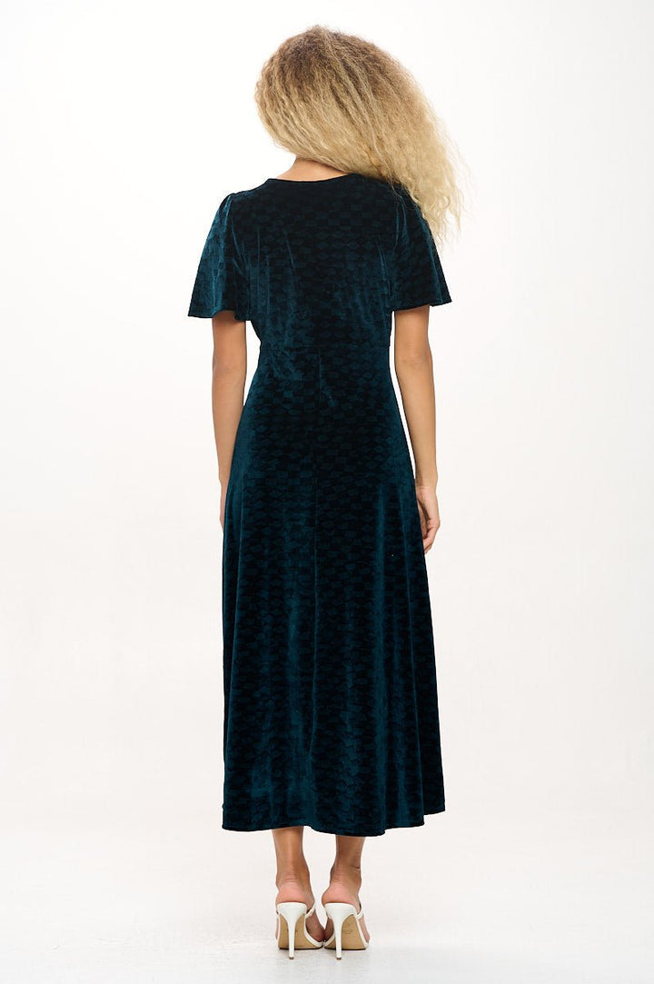 Image of West K Sabrina V - Neck Tiled Velvet Midi Dress Dark Teal Tile