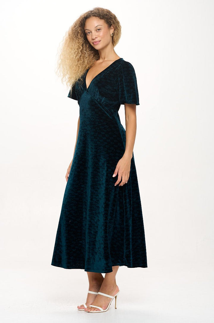 Image of West K Sabrina V - Neck Tiled Velvet Midi Dress Dark Teal Tile