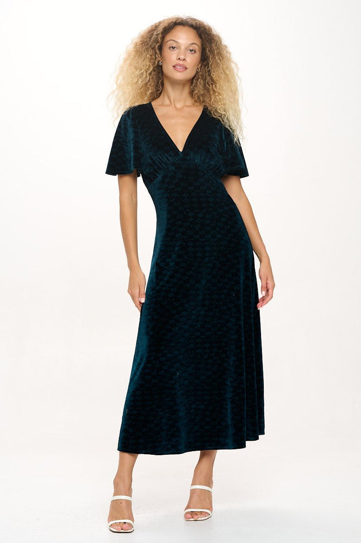 Image of West K Sabrina V - Neck Tiled Velvet Midi Dress Dark Teal Tile