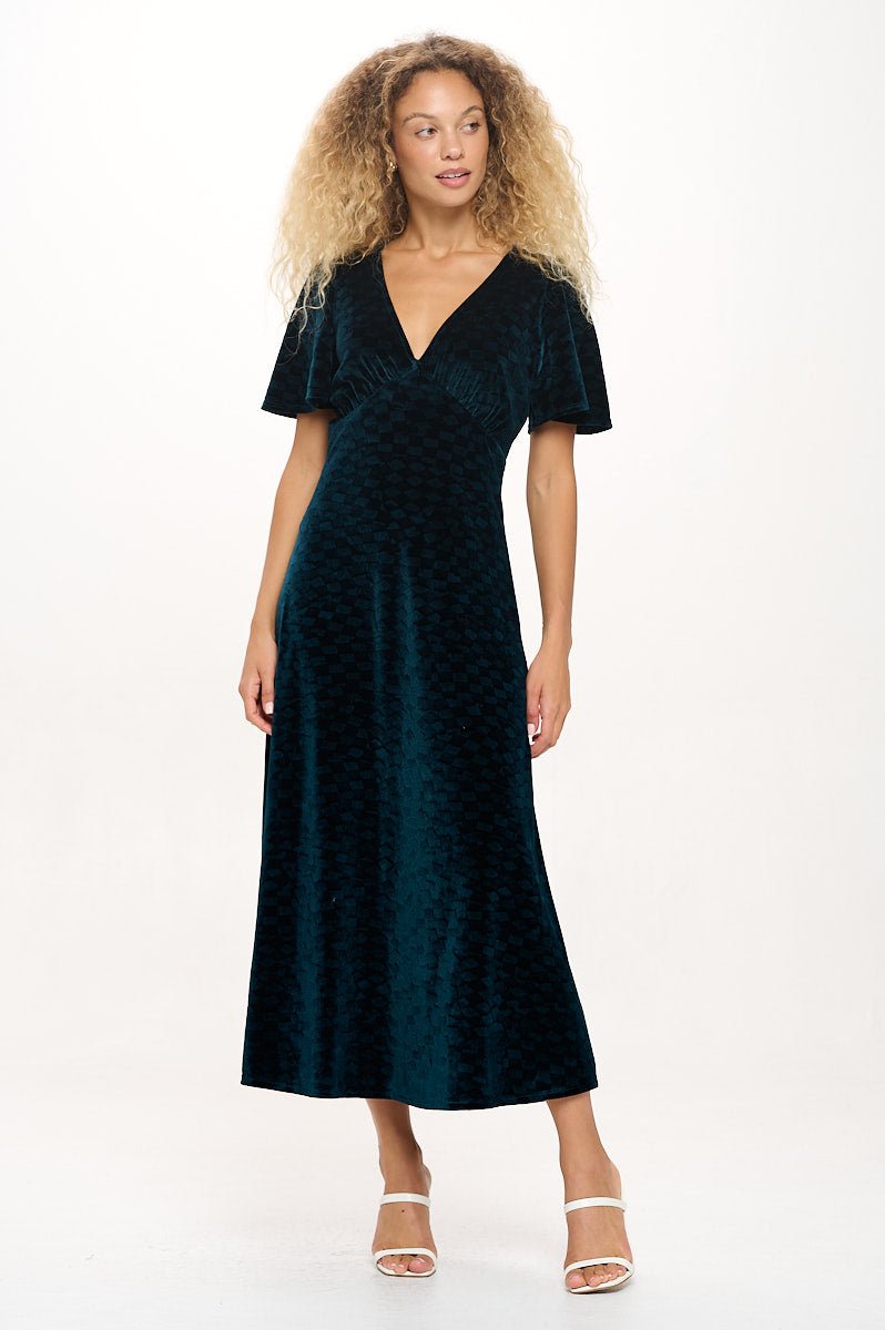 Image of West K Sabrina V - Neck Tiled Velvet Midi Dress Dark Teal Tile