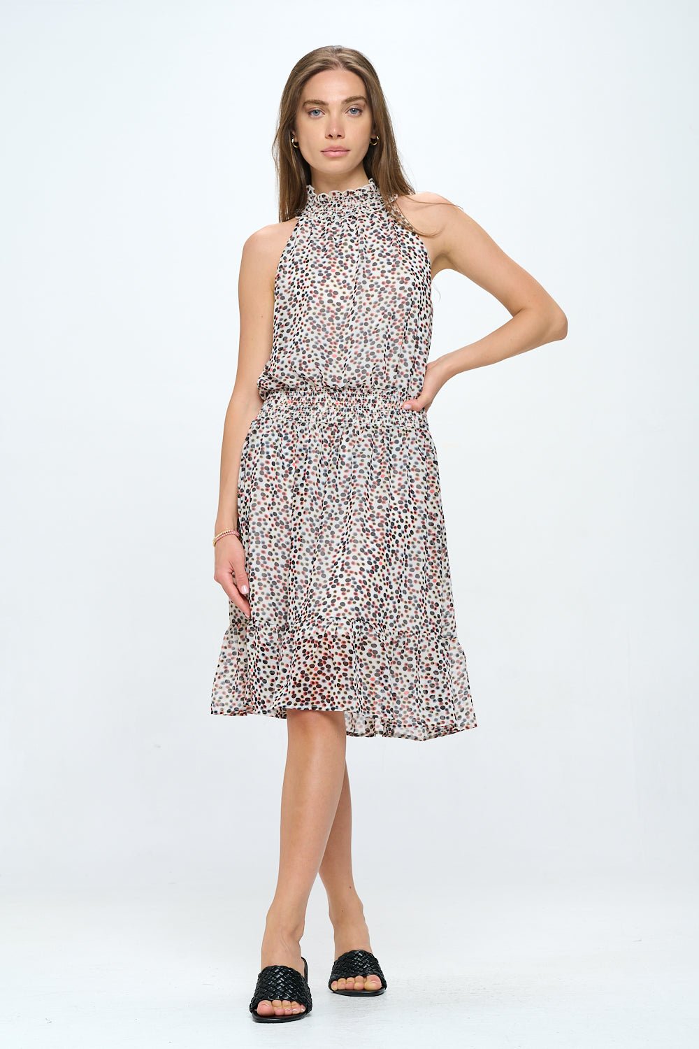 Image of West K Sadie Smocked Halter Dress Black Dot Chiffon