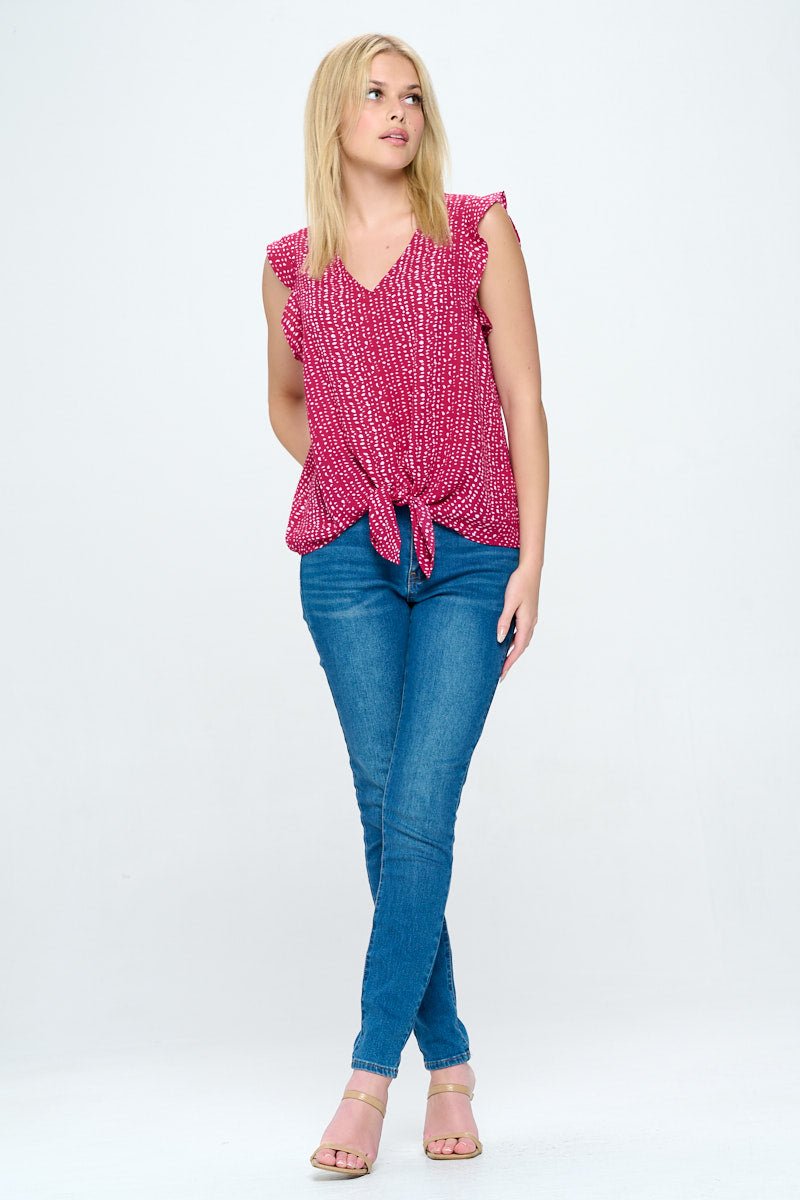 Image of West K Samantha Sleeveless Tie Front Ruffle V - Neck Top Magenta Pebble Print