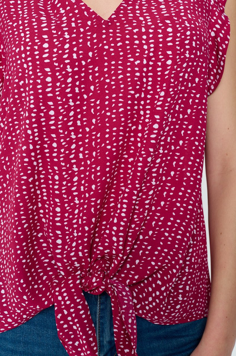 Image of West K Samantha Sleeveless Tie Front Ruffle V - Neck Top Magenta Pebble Print