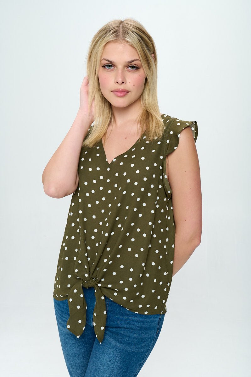 Image of West K Samantha Sleeveless Tie Front Ruffle V - Neck Top Olive Dot