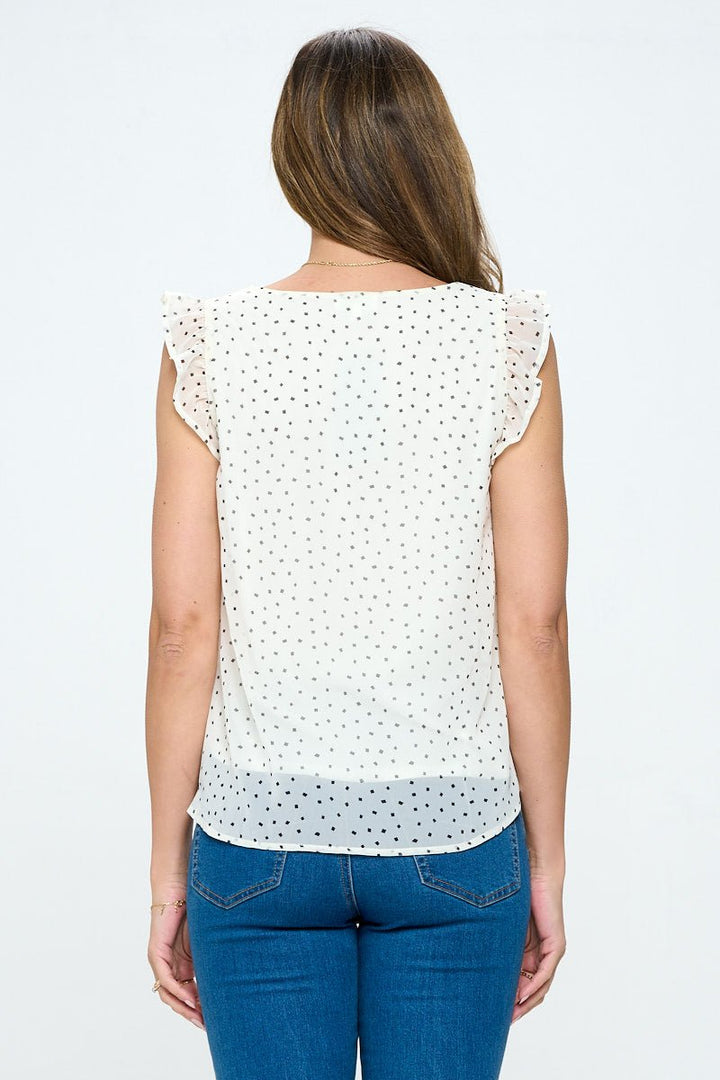 Image of West K Samantha Sleeveless Tie Front Ruffle V - Neck Top White Dot Chiffon