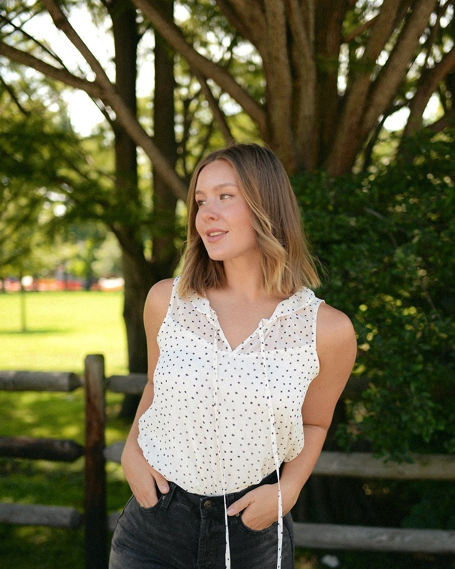 Image of West K Samantha Sleeveless Tie Front Ruffle V - Neck Top White Dot Chiffon