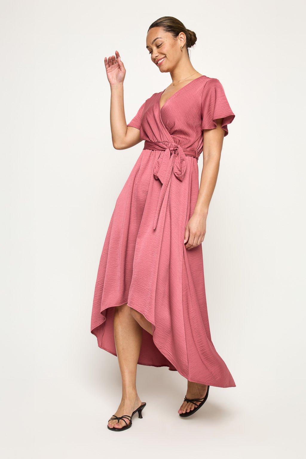 Image of West K Satin Georgia Faux Wrap Hi - Lo Dress Mulberry