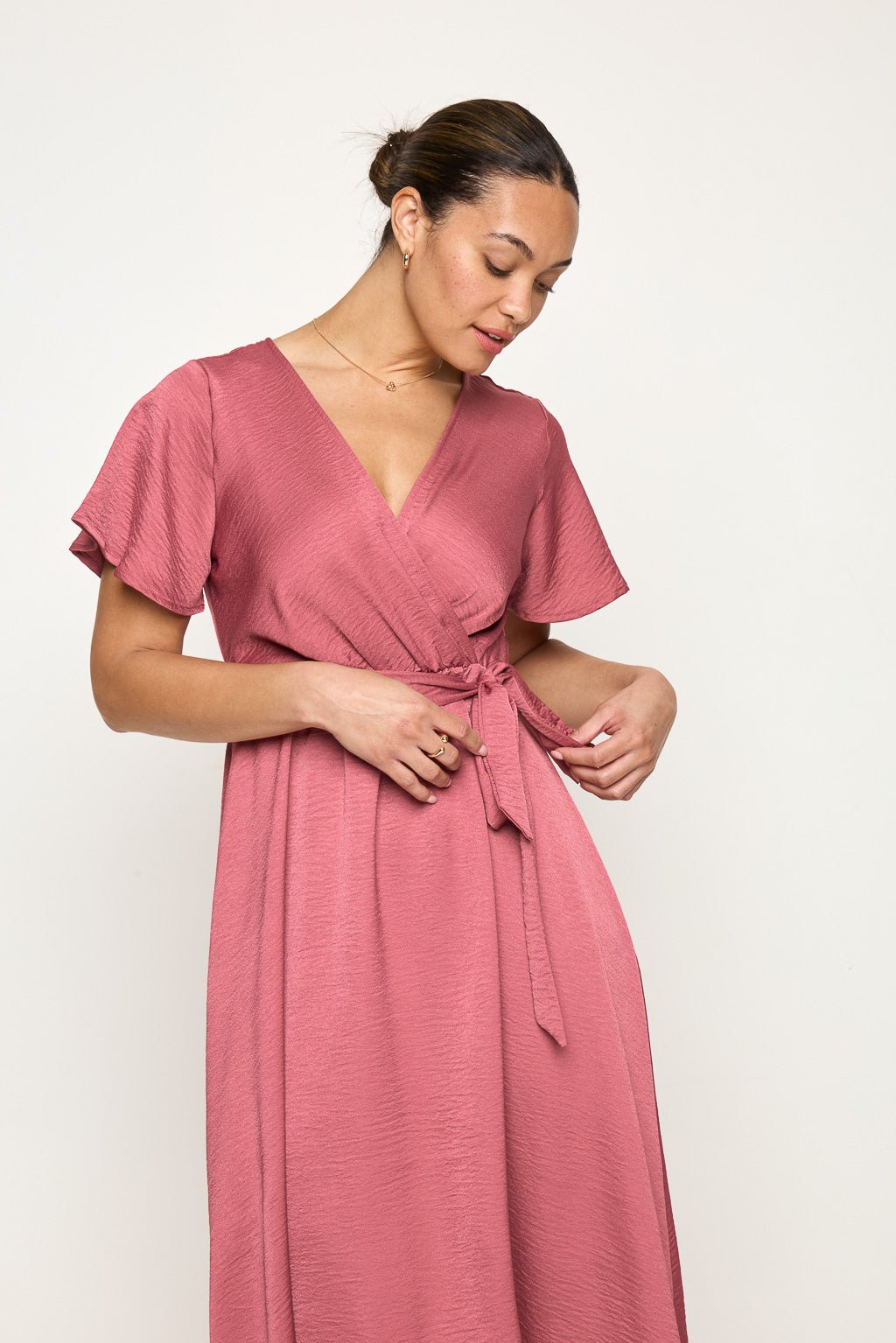 Image of West K Satin Georgia Faux Wrap Hi - Lo Dress Mulberry