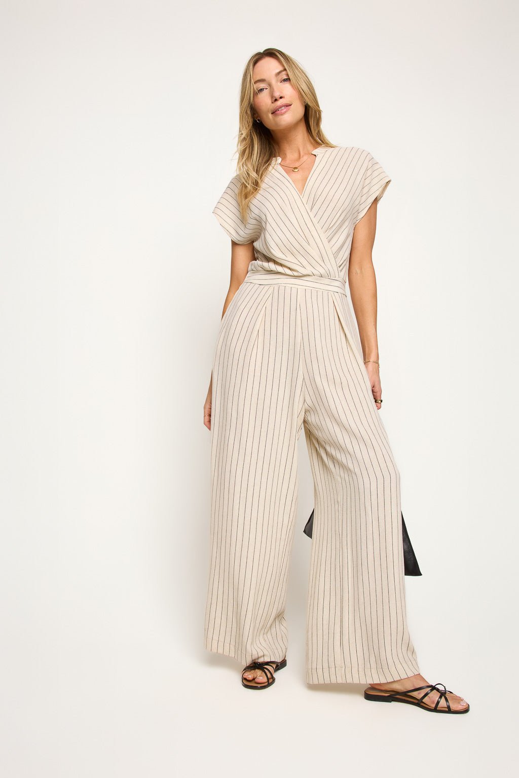Image of West K Serel Pinstriped Wide Leg Jumpsuit Tan Stripe