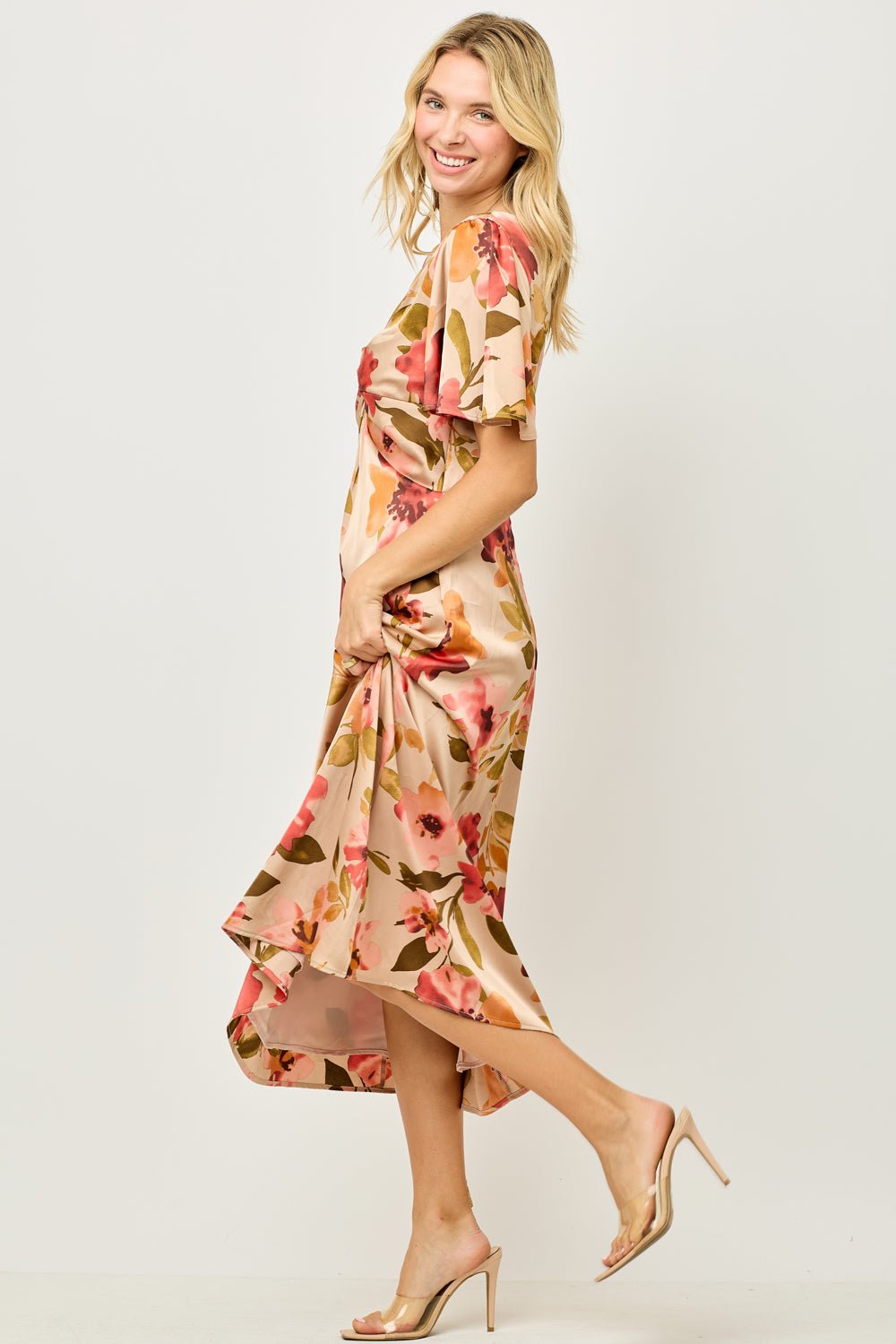 Image of West K Seren Twist - Front Flutter Sleeve Midi Dress Grey Mauve Floral