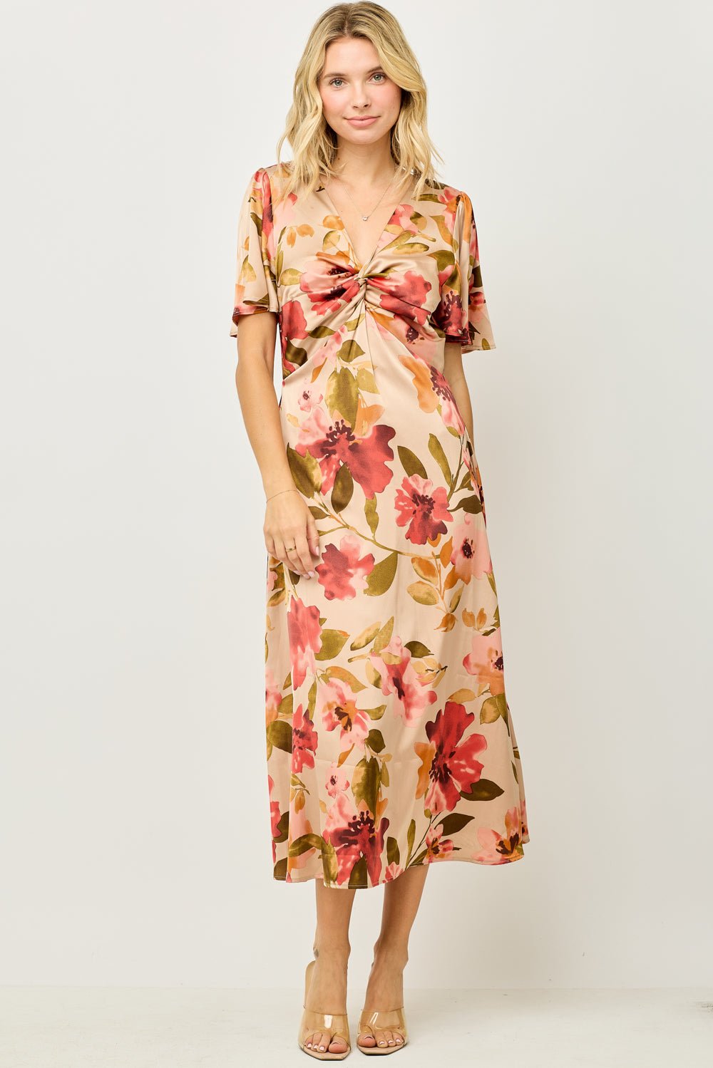 Image of West K Seren Twist - Front Flutter Sleeve Midi Dress Grey Mauve Floral