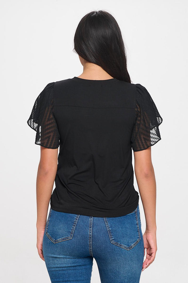 Image of West K Serena Crew Neck Georgette Tulip Sleeve T-Shirt Black