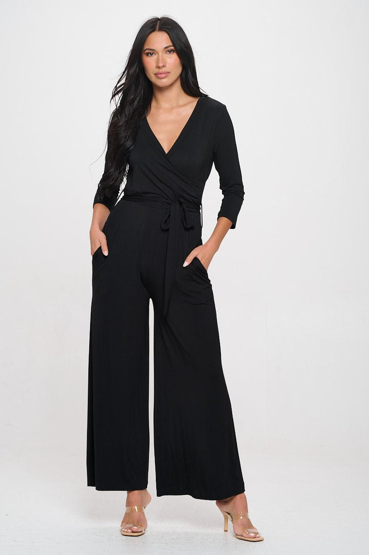 Image of West K Shay Surplice Neck Three Quarter Sleeve Jumpsuit Black