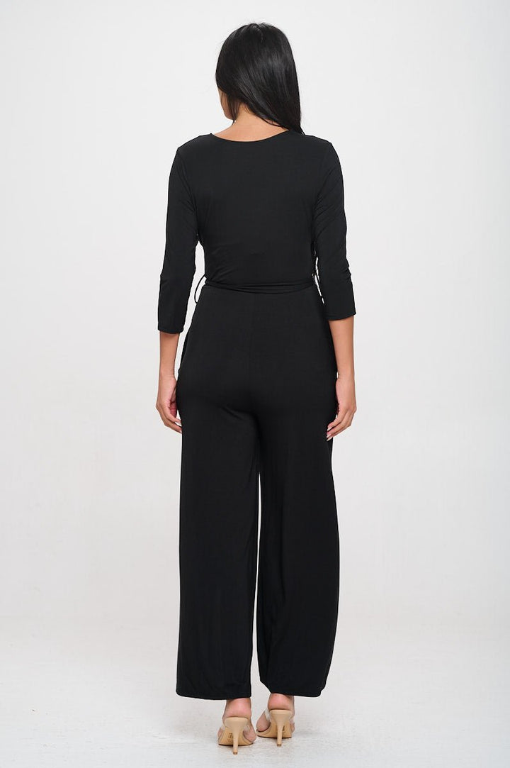 Image of West K Shay Surplice Neck Three Quarter Sleeve Jumpsuit Black