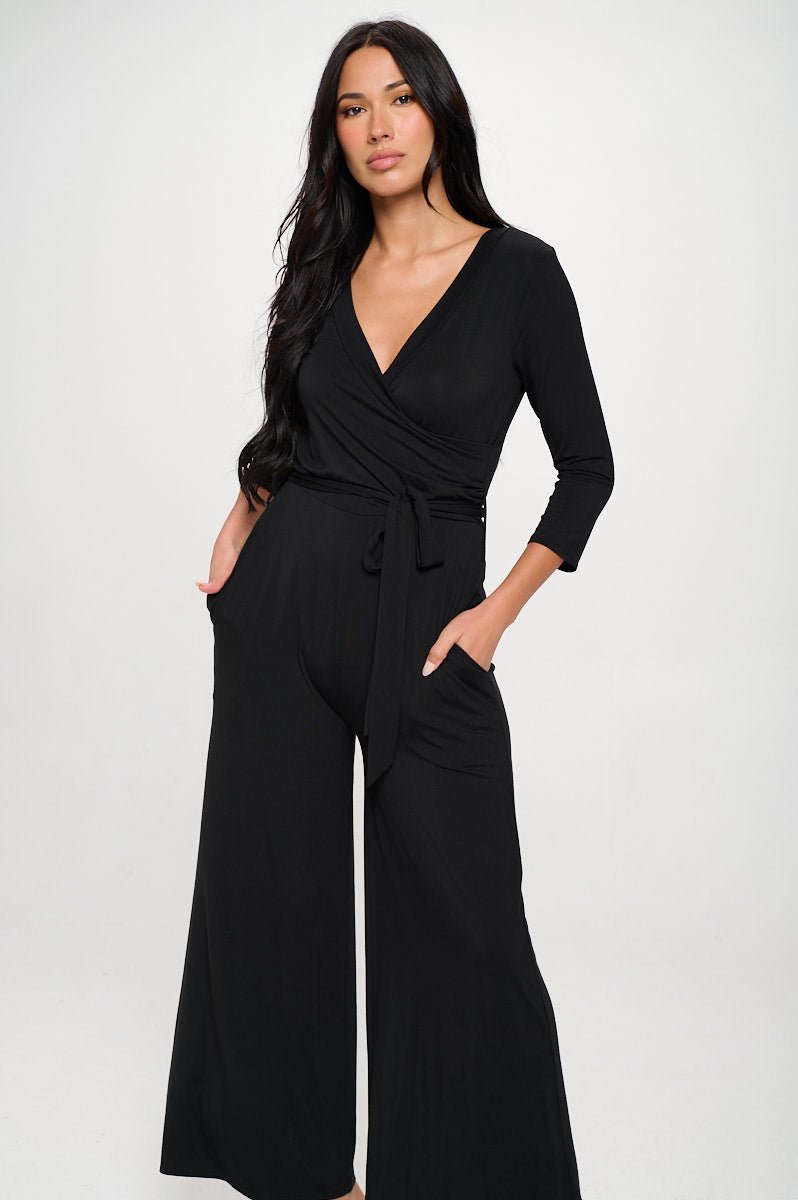 Image of West K Shay Surplice Neck Three Quarter Sleeve Jumpsuit Black