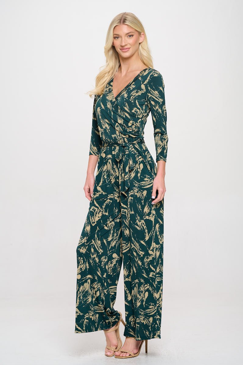 Image of West K Shay Surplice Neck Three Quarter Sleeve Jumpsuit Green Paint