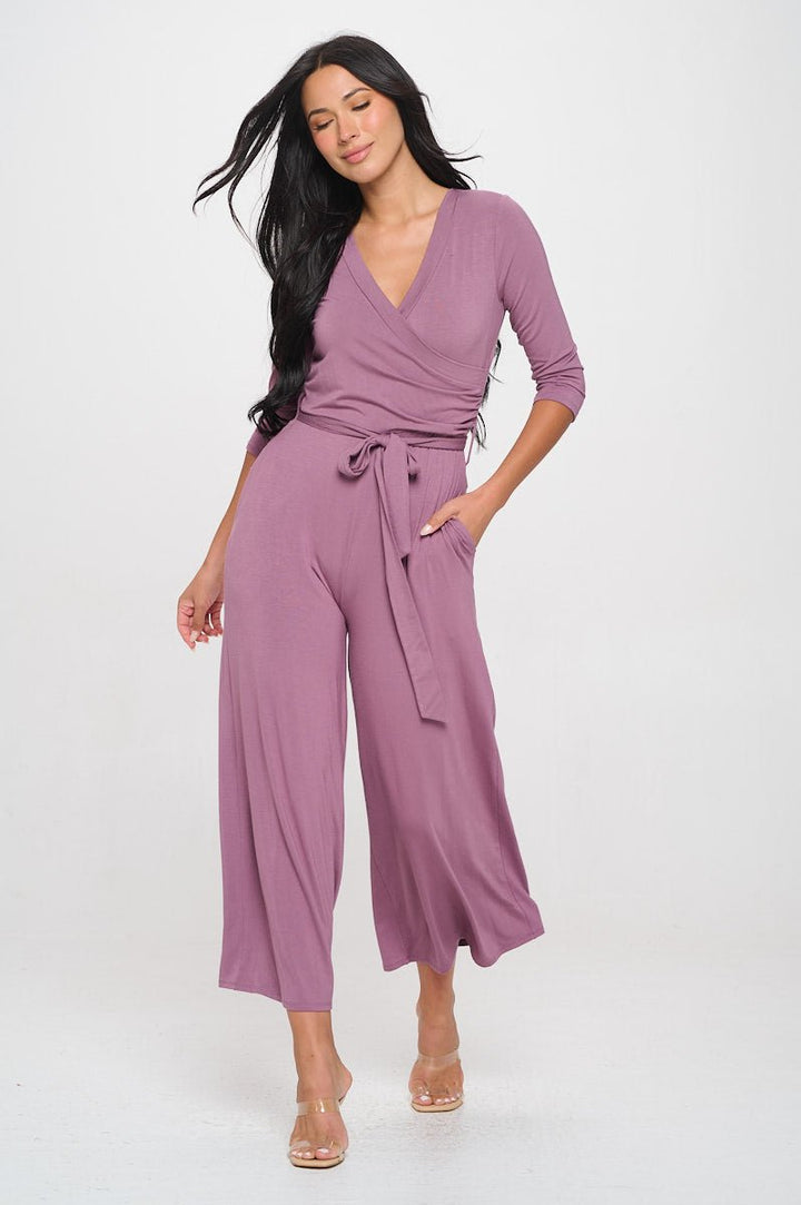 Image of West K Shay Surplice Neck Three Quarter Sleeve Jumpsuit Mauve