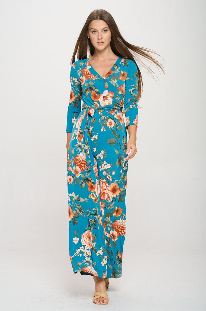 Image of West K Shay Surplice Neck Three Quarter Sleeve Jumpsuit Turquoise Floral