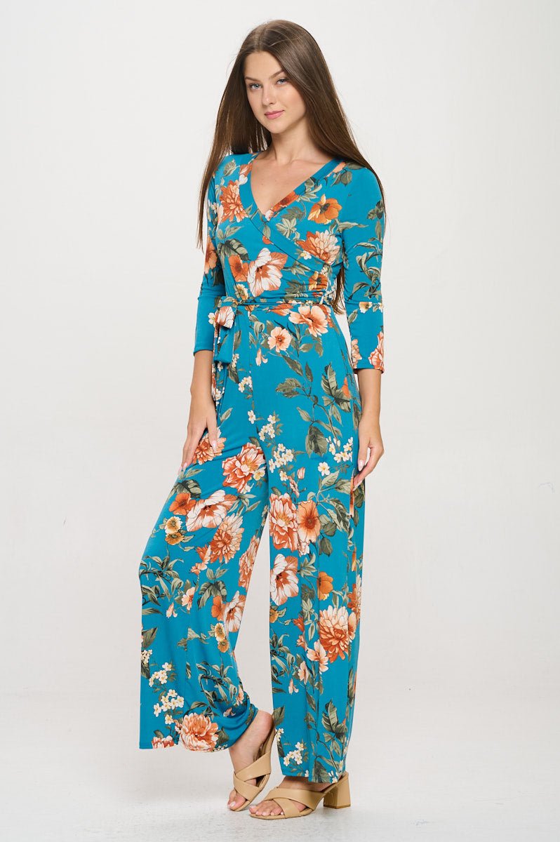 Image of West K Shay Surplice Neck Three Quarter Sleeve Jumpsuit Turquoise Floral