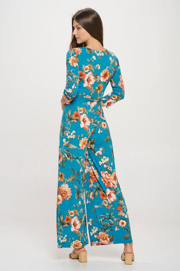 Image of West K Shay Surplice Neck Three Quarter Sleeve Jumpsuit Turquoise Floral