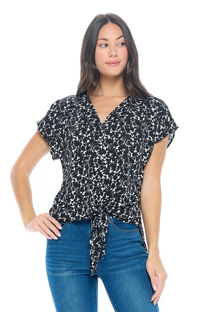 Image of West K Skye Dolman Sleeve Tie Front Blouse Black White Floral