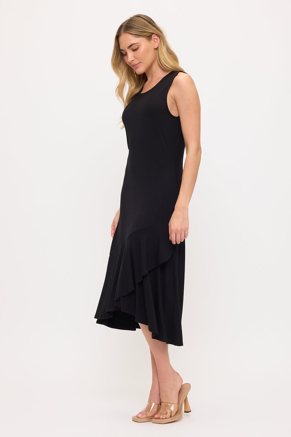 Image of West K Sleeveless Asymmetrical Hem Midi Dress Black