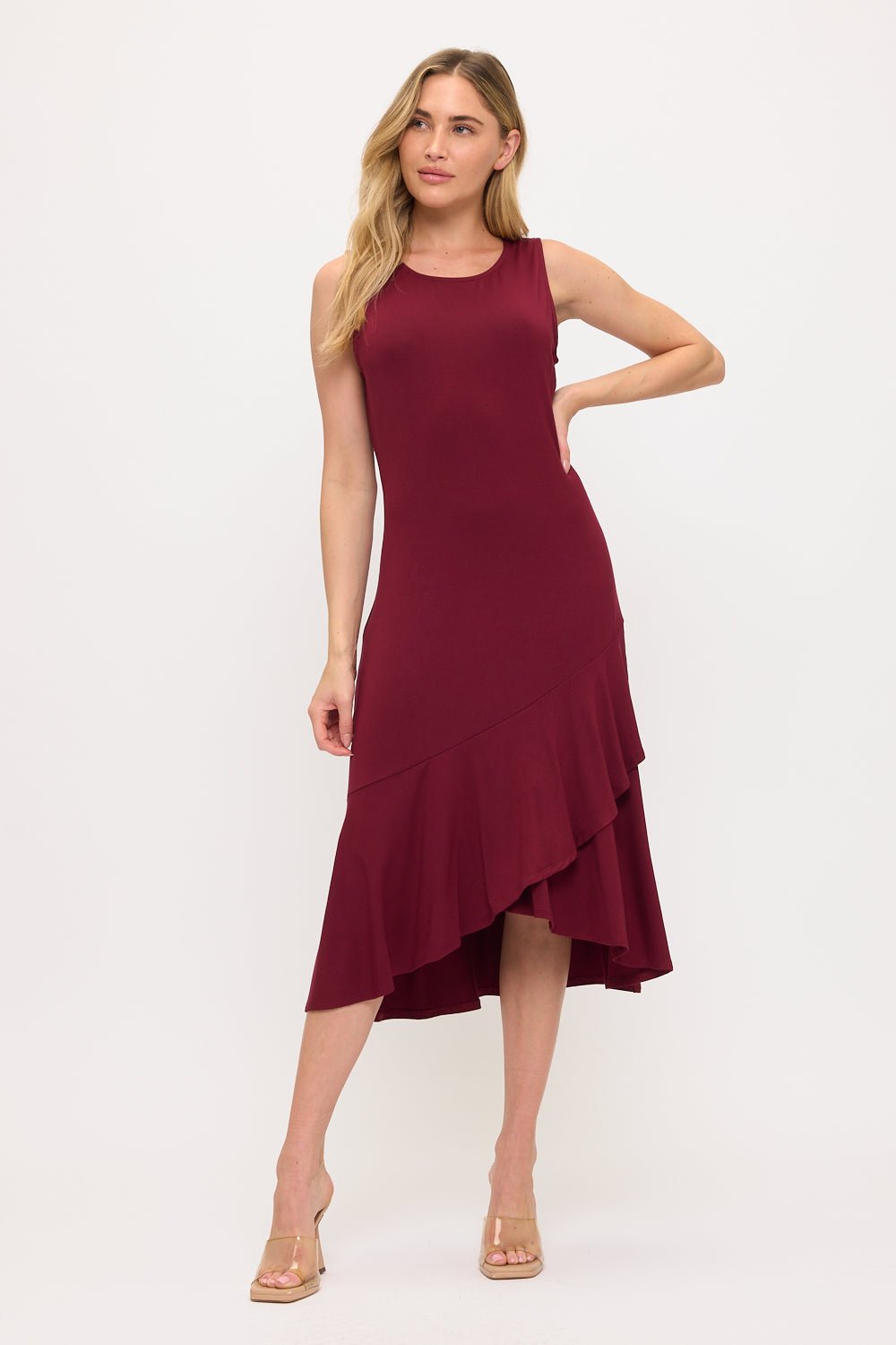 Image of West K Sleeveless Asymmetrical Hem Midi Dress Wine