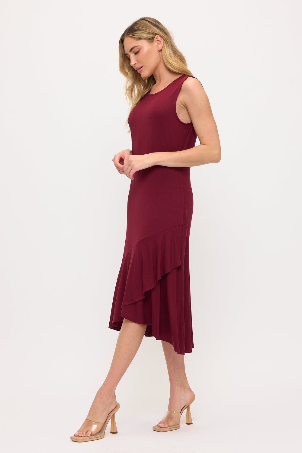 Image of West K Sleeveless Asymmetrical Hem Midi Dress Wine