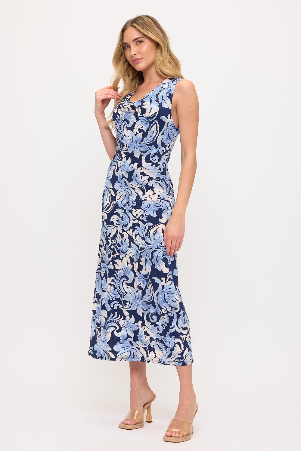 Image of West K Sleeveless Cowl Neck Midi Dress Blue/Navy