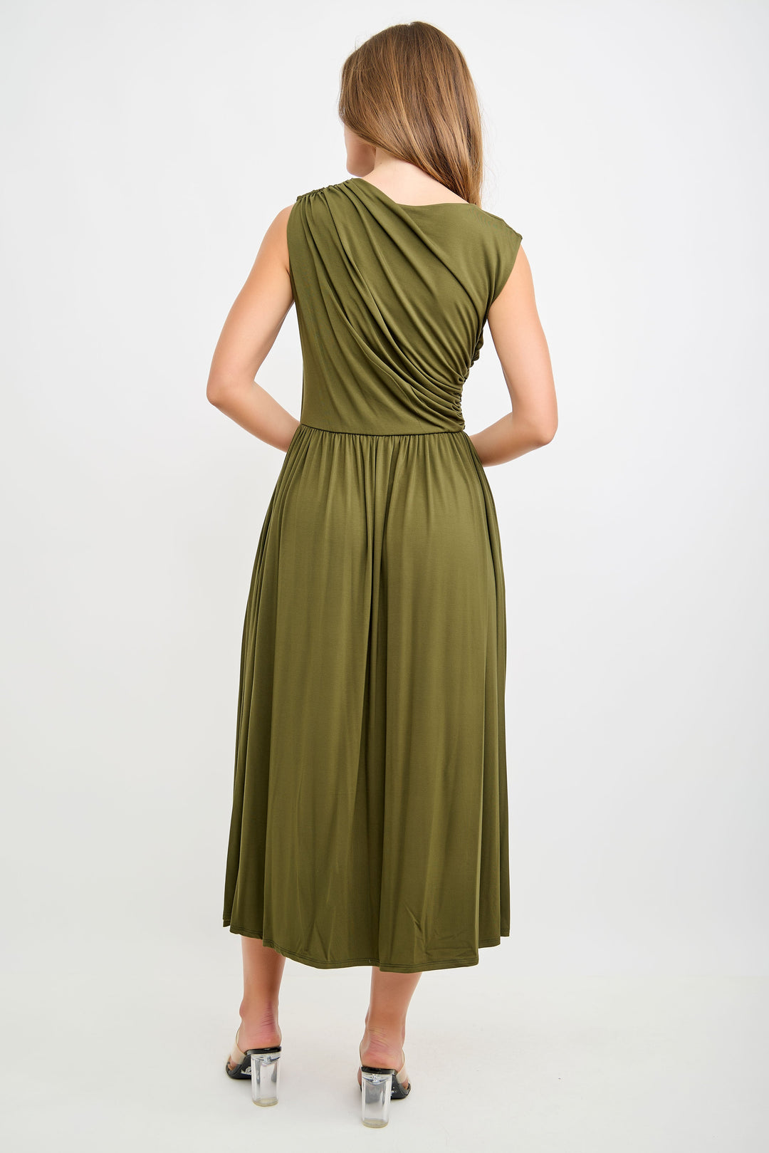Image of West K Sleeveless Draped Bodice Dress Olive Green