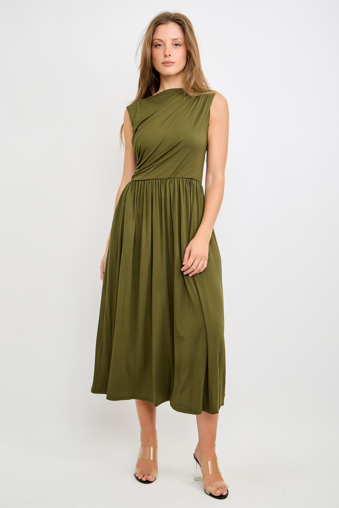 Image of West K Sleeveless Draped Bodice Dress Olive Green
