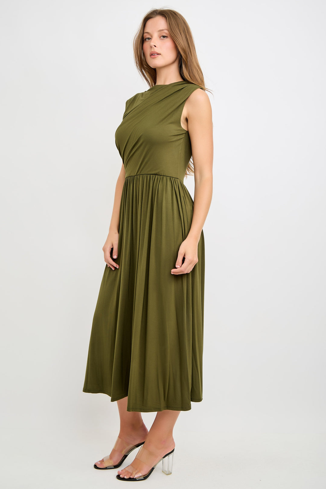 Image of West K Sleeveless Draped Bodice Dress Olive Green