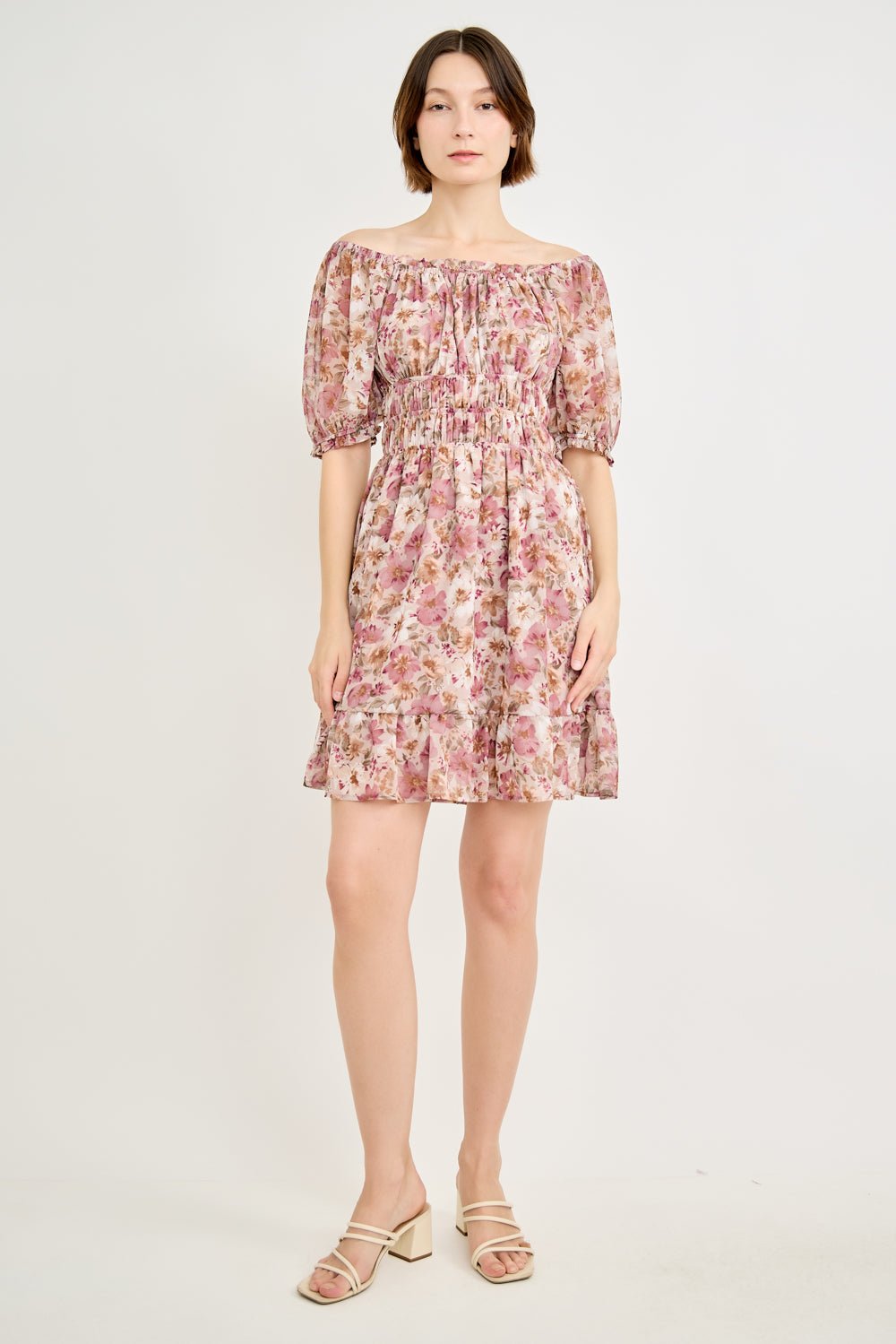 Image of West K Smocked Off - Shoulder Floral Mini Dress Mauve Floral