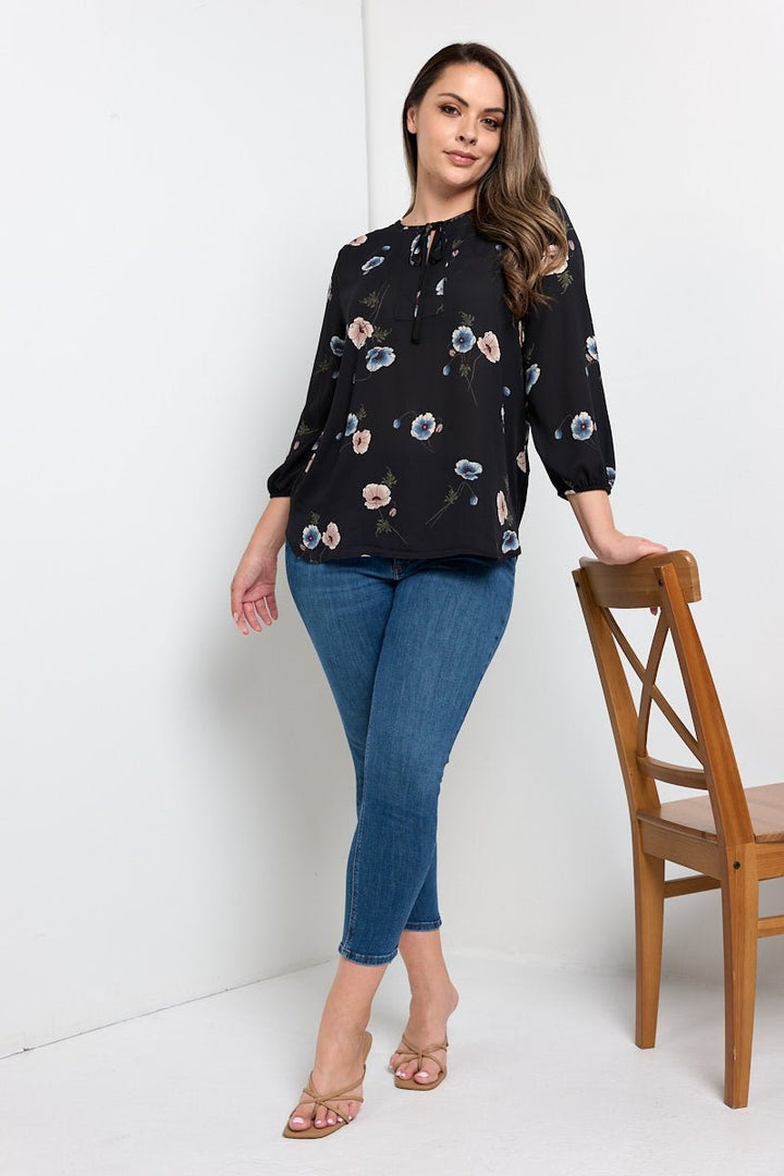 Image of West K Sophia Plus Size Three Quarter Balloon Sleeve Printed Everyday Blouse Black Floral Multi