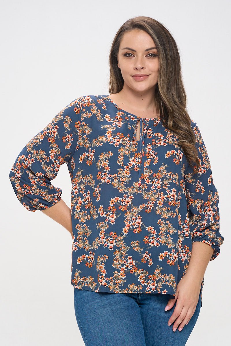 Image of West K Sophia Plus Size Three Quarter Balloon Sleeve Printed Everyday Blouse Blue Floral