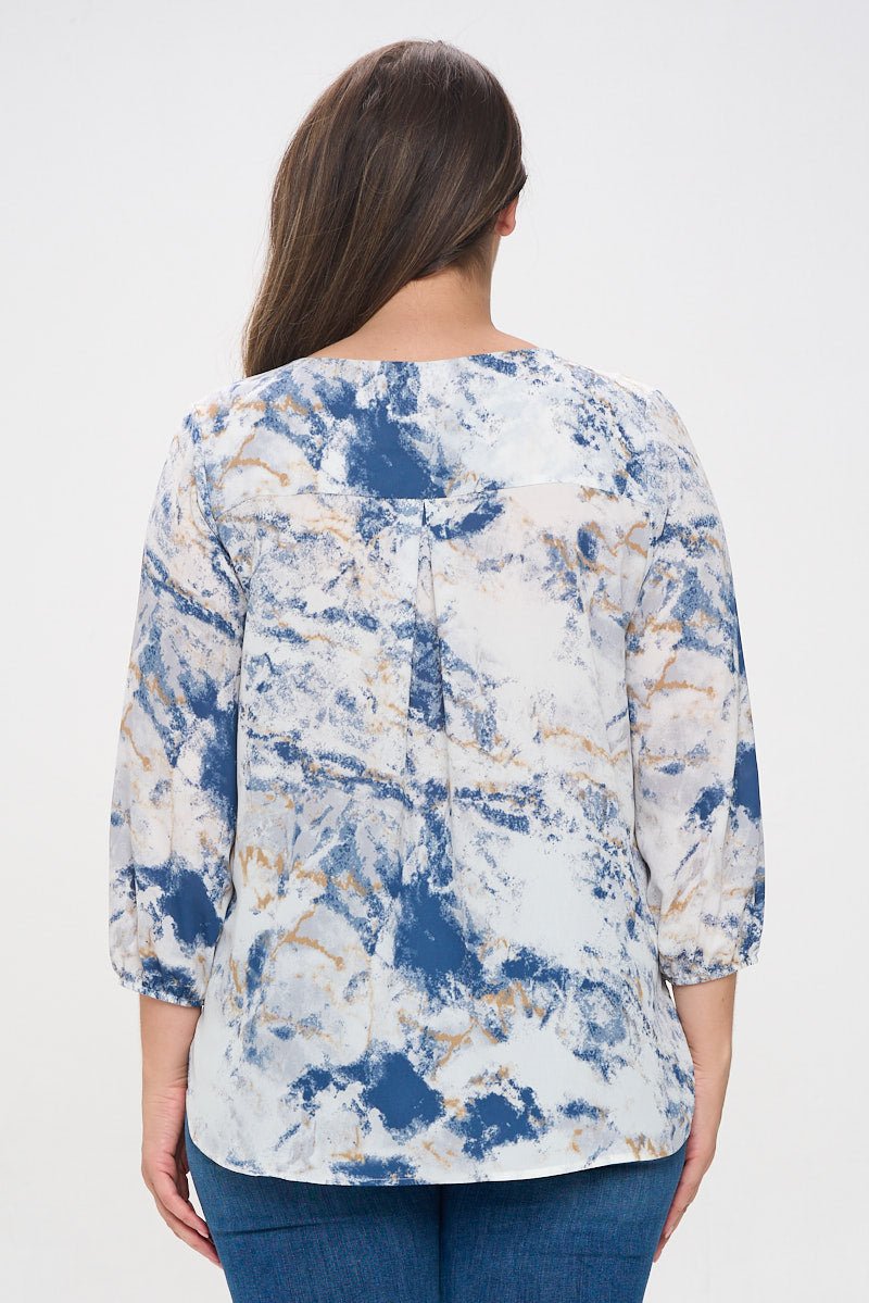 Image of West K Sophia Plus Size Three Quarter Balloon Sleeve Printed Everyday Blouse Blue Tie Dye