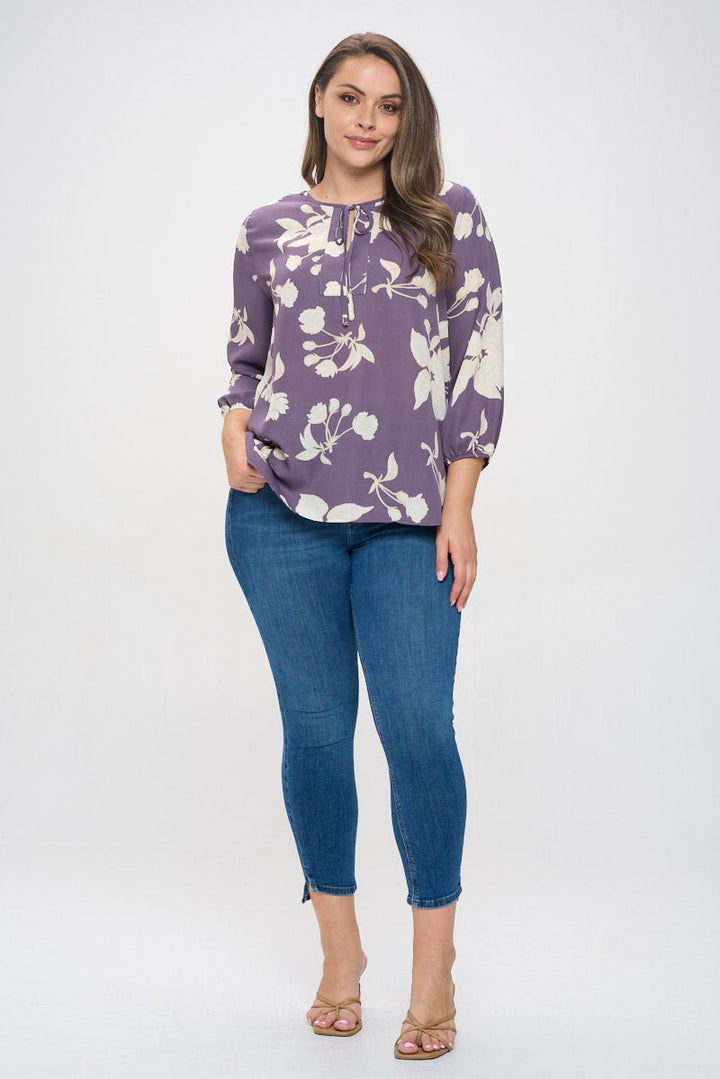 Image of West K Sophia Plus Size Three Quarter Balloon Sleeve Printed Everyday Blouse Lavender Floral