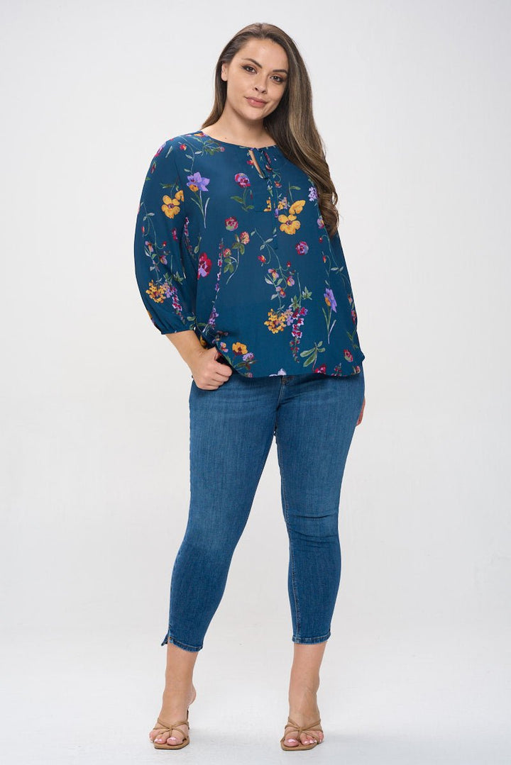 Image of West K Sophia Plus Size Three Quarter Balloon Sleeve Printed Everyday Blouse Teal Red Floral